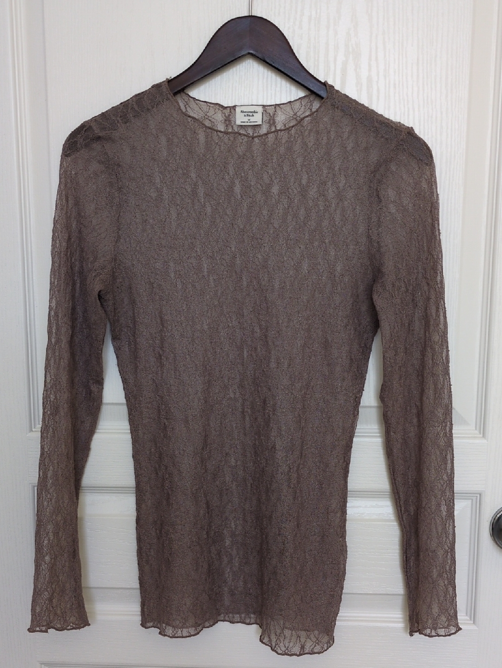 Abercrombie & Fitch Sheer Lace Crewneck Top in Taupe